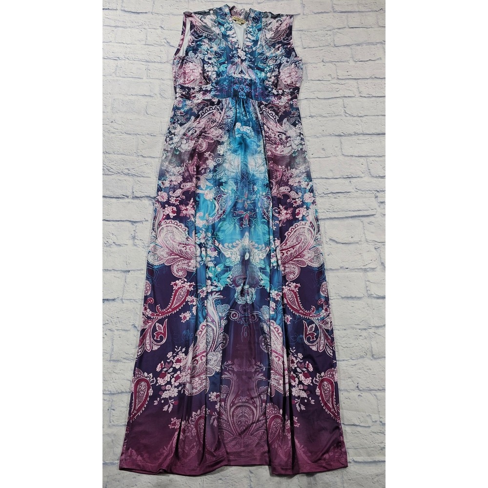One World Maxi Dress Womens M Teal Purple Paisley Rhinestone Boho Sleeveless